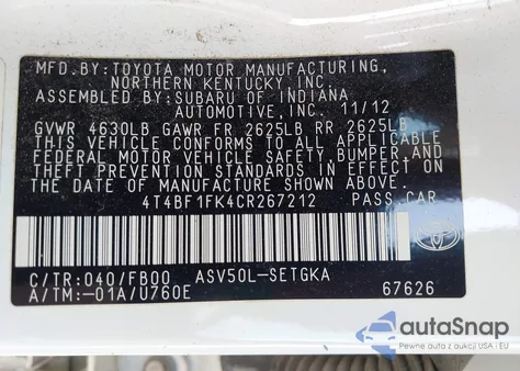 2012 Toyota Camry Xle from USA, damaged, VIN 4T4BF1FK4CR267212